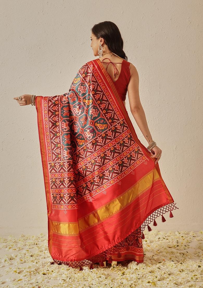 Teal Weaving Work Silk Saree Set - Indya