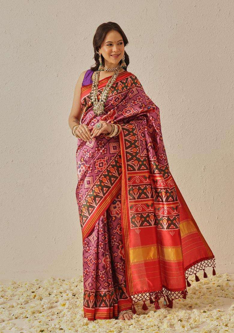 Lavender Weaving Work Silk Saree Set - Indya