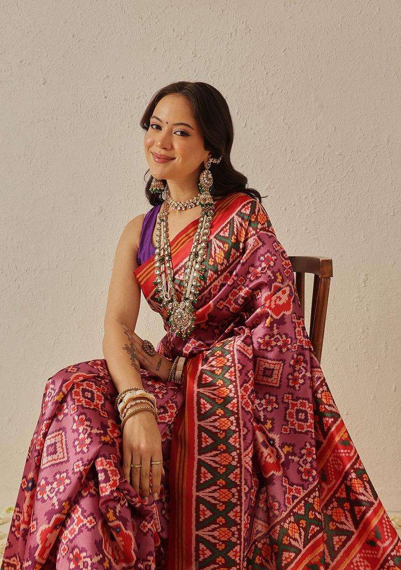 Lavender Weaving Work Silk Saree Set - Indya