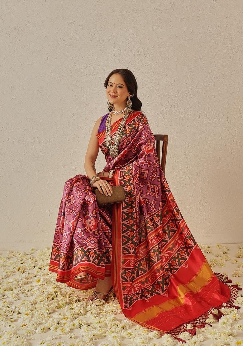 Lavender Weaving Work Silk Saree Set - Indya