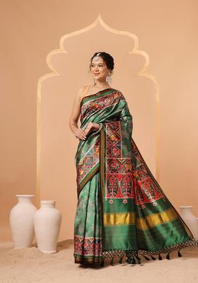 Green Weaving Work Silk Saree Set