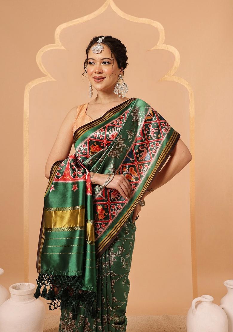 Green Weaving Work Silk Saree Set - Indya