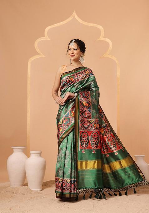 Green Weaving Work Silk Saree Set