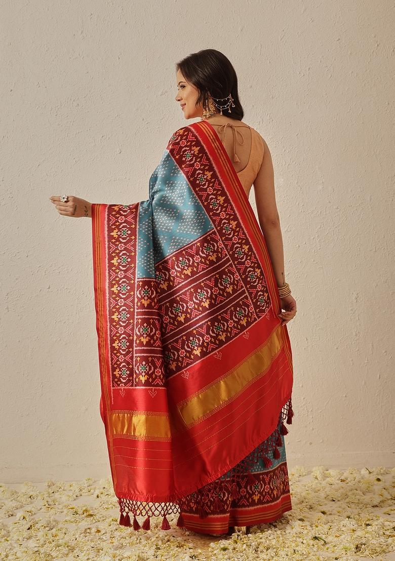 Blue Weaving Work Silk Saree Set - Indya