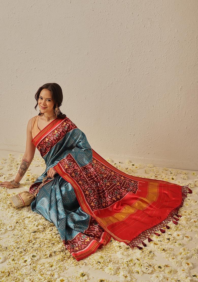 Blue Weaving Work Silk Saree Set - Indya