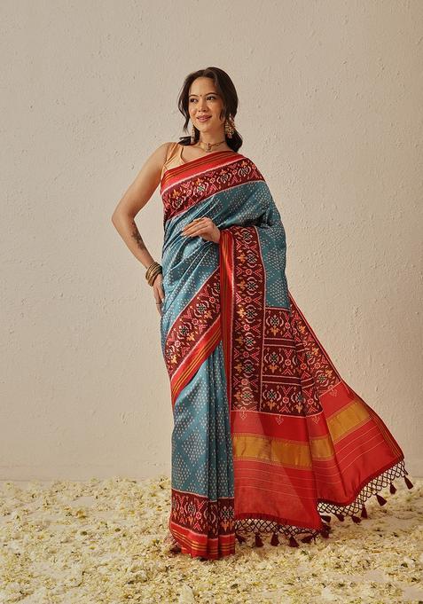 Blue Weaving Work Silk Saree Set