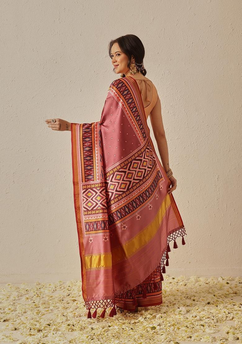 Peach Weaving Work Silk Saree Set - Indya