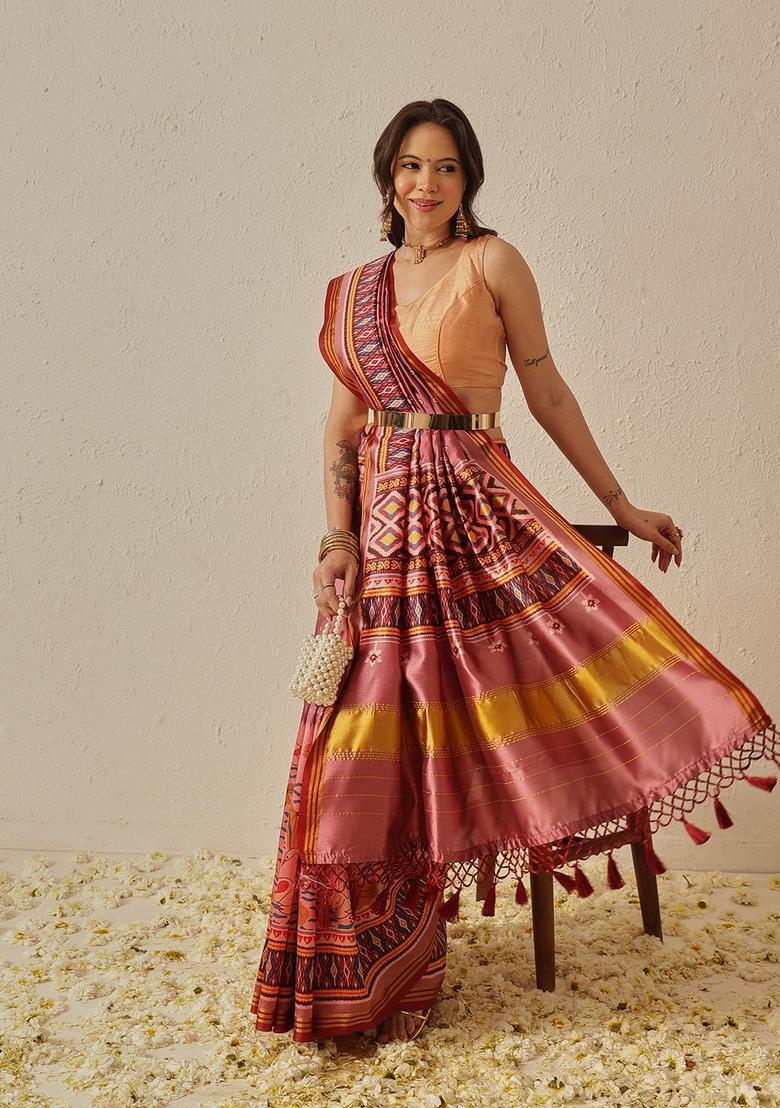 Peach Weaving Work Silk Saree Set - Indya