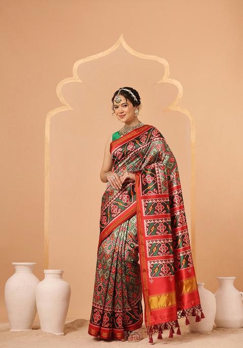 Green Weaving Work Silk Saree Set