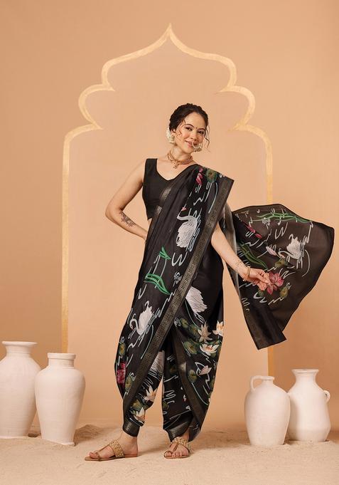 Black Printed Silk Saree Set