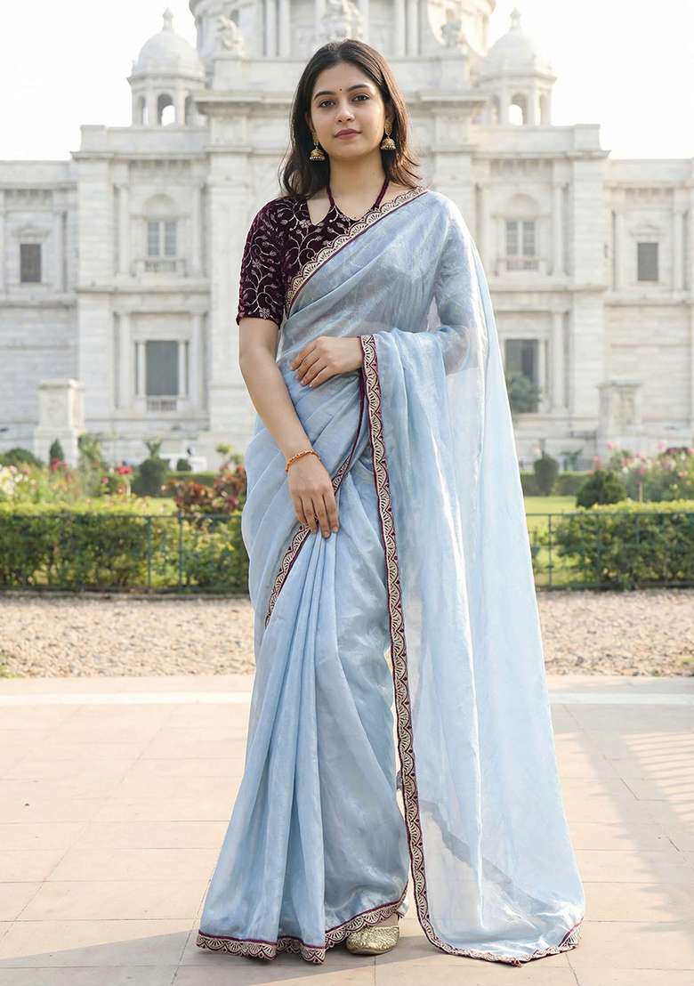 Sky Blue Solid Silk Blend Saree Set for Diwali | Wedding & Festive Wear - Indya