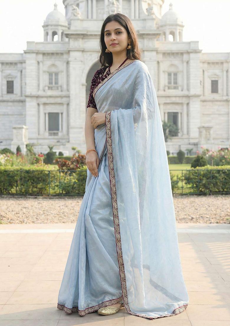 Sky Blue Solid Silk Saree Set - Indya