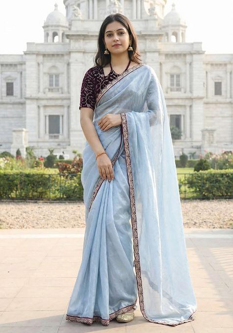 Sky Blue Solid Silk Saree Set