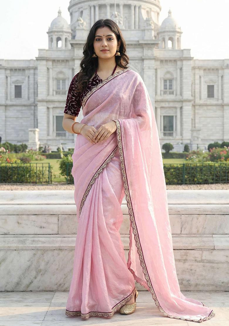 Pink Solid Silk Saree Set - Indya