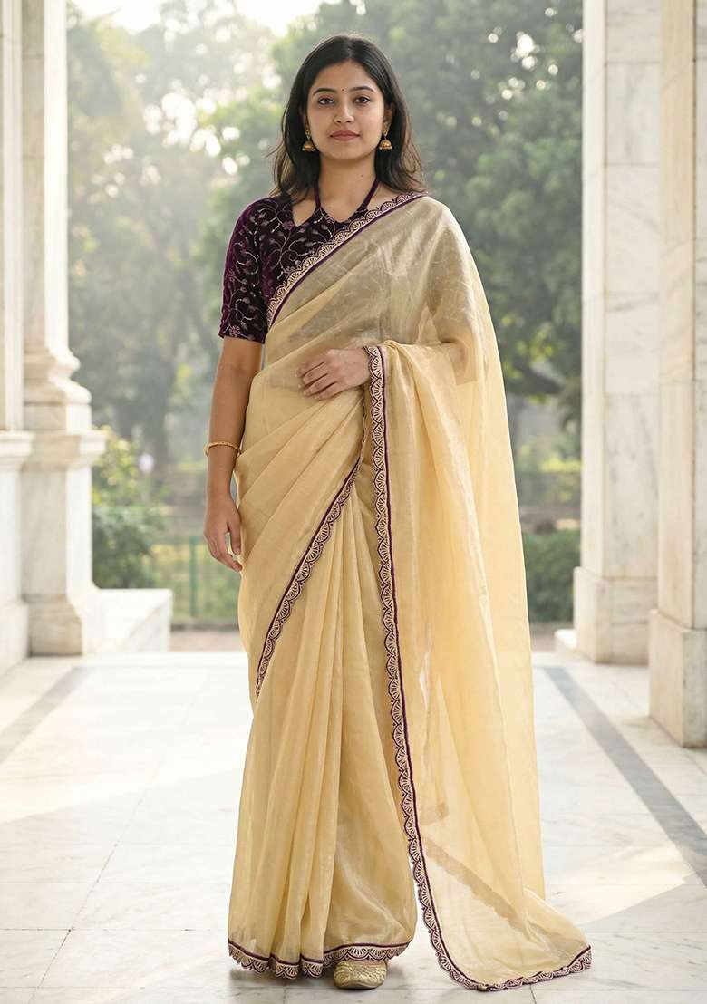 Green Solid Silk Blend Saree Set for Diwali and Festive Wear - Indya