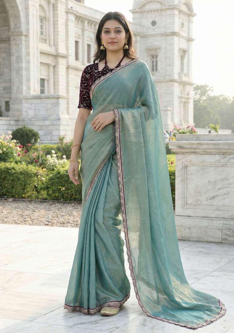 Yellow Solid Silk Blend Saree Set for Diwali and Festive Wear - Indya