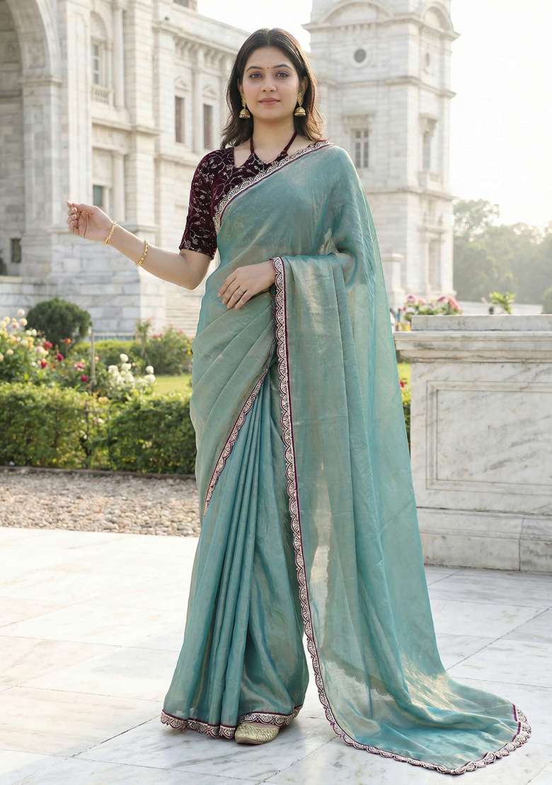 Yellow Solid Silk Blend Saree Set for Diwali and Festive Wear - Indya