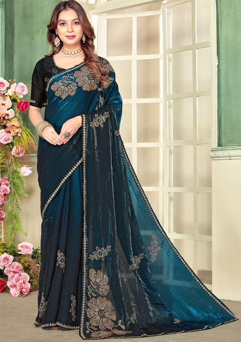 Teal Blue Hand Work Silk Blend Saree Set for Diwali and Festive Wear - Indya