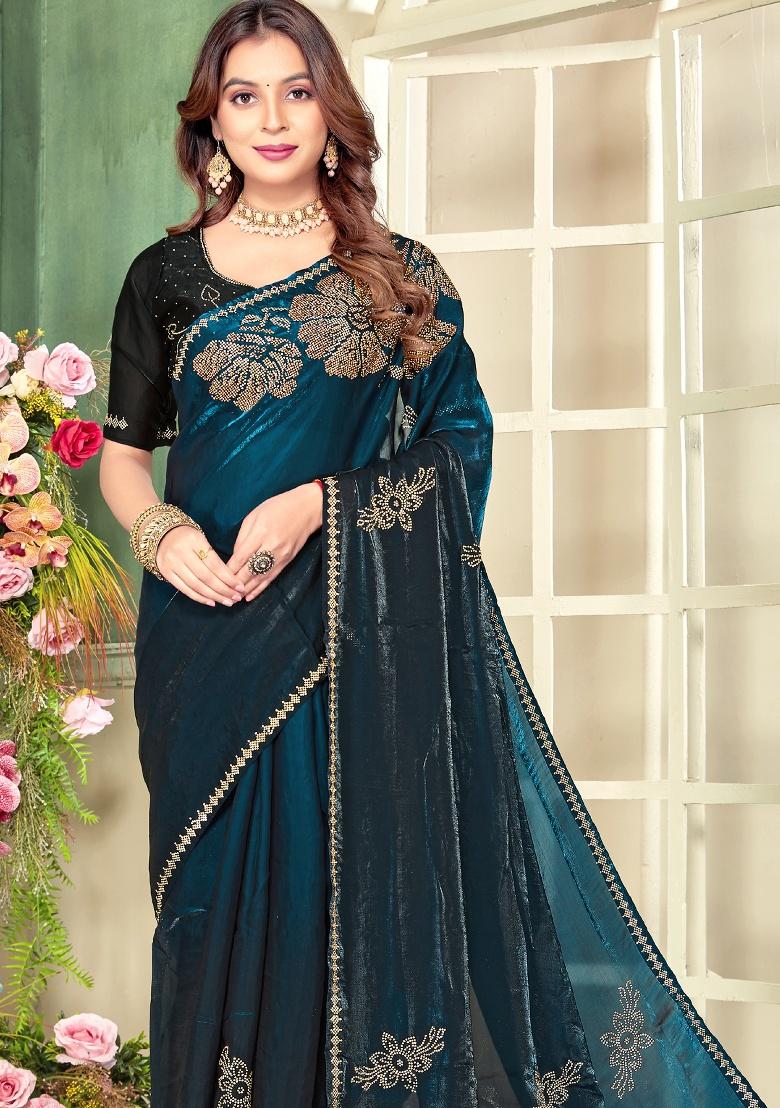 Teal Blue Hand Work Silk Saree Set - Indya