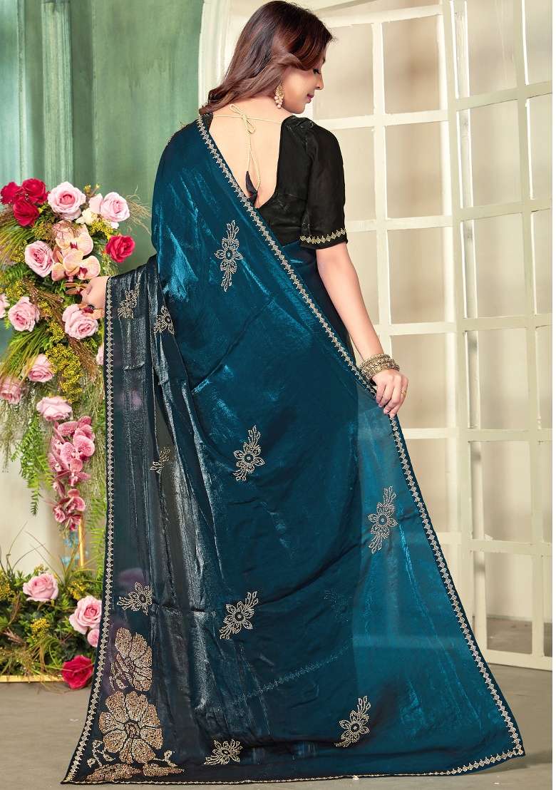 Teal Blue Hand Work Silk Blend Saree Set for Diwali and Festive Wear - Indya