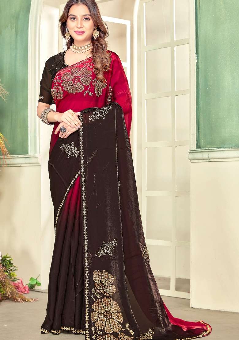 Magenta Silk Blend Saree Set with Hand Work for Diwali | Wedding & Festive Wear - Indya
