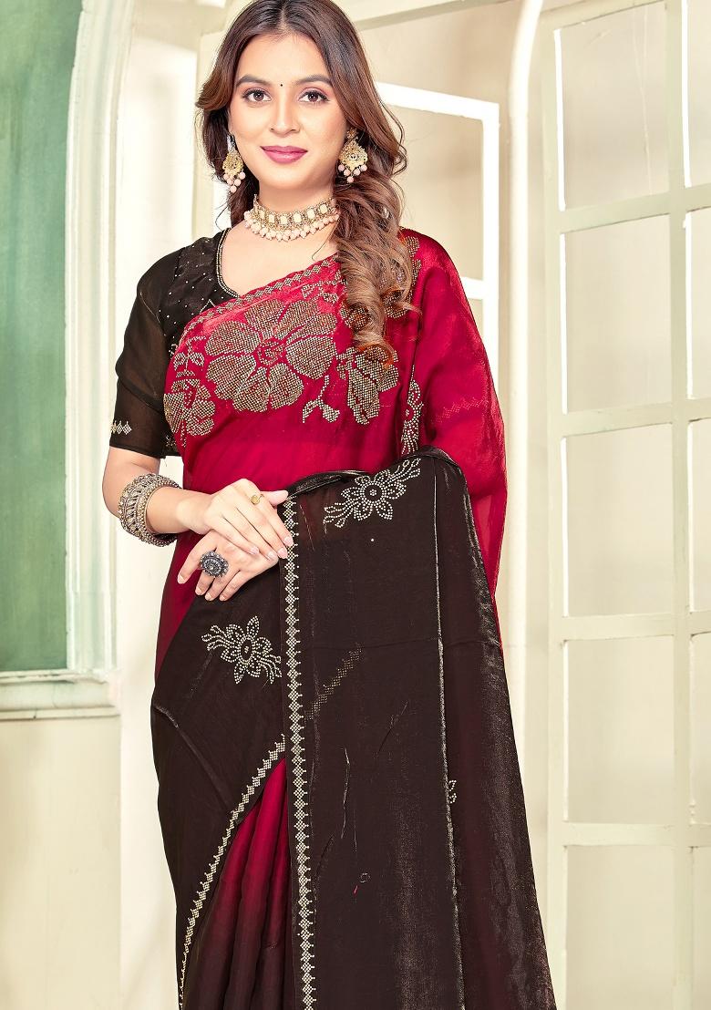 Magenta Hand Work Silk Saree Set - Indya