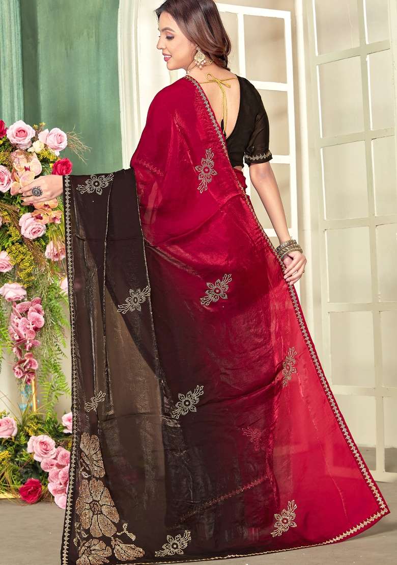 Magenta Silk Blend Saree Set with Hand Work for Diwali | Wedding & Festive Wear - Indya