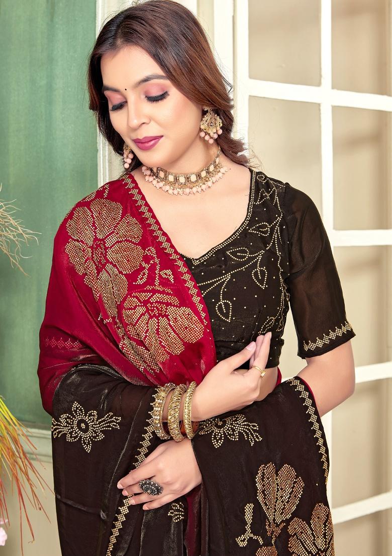 Magenta Hand Work Silk Saree Set - Indya