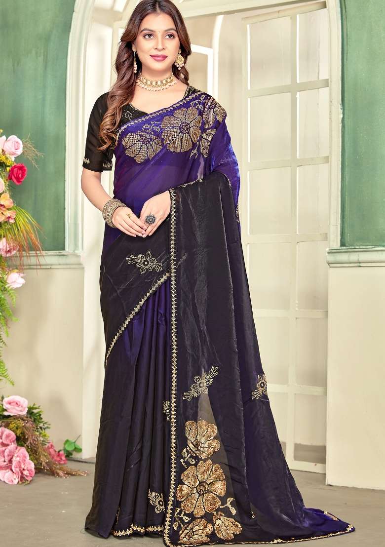 Purple Silk Blend Saree Set with Hand Work for Diwali | Wedding & Festive Wear - Indya