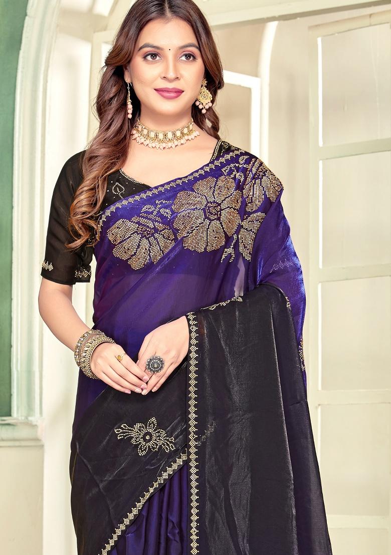 Purple Hand Work Silk Saree Set - Indya