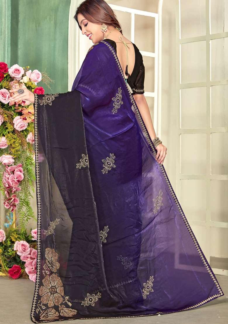 Purple Silk Blend Saree Set with Hand Work for Diwali | Wedding & Festive Wear - Indya