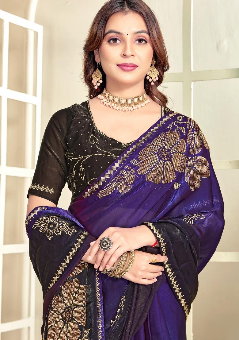 Purple Hand Work Silk Saree Set - Indya