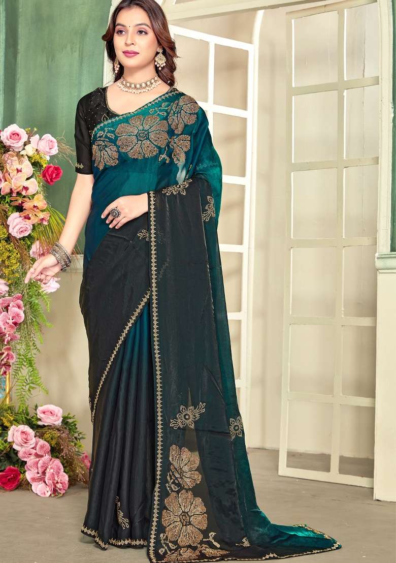 Teal Blue Silk Blend Saree Set with Hand Work for Diwali | Wedding & Festive Wear - Indya