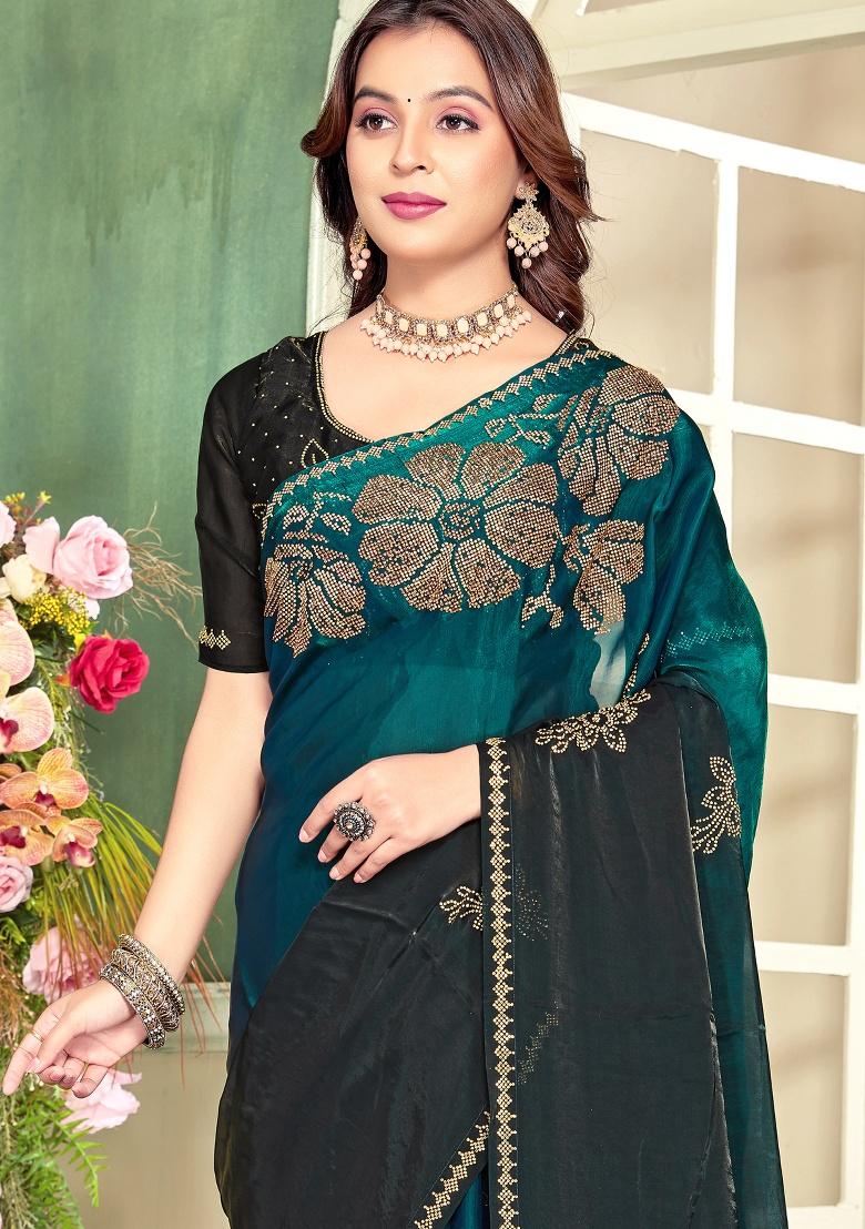 Teal Blue Hand Work Silk Saree Set - Indya