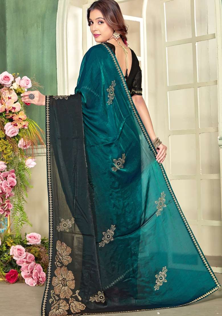 Teal Blue Silk Blend Saree Set with Hand Work for Diwali | Wedding & Festive Wear - Indya