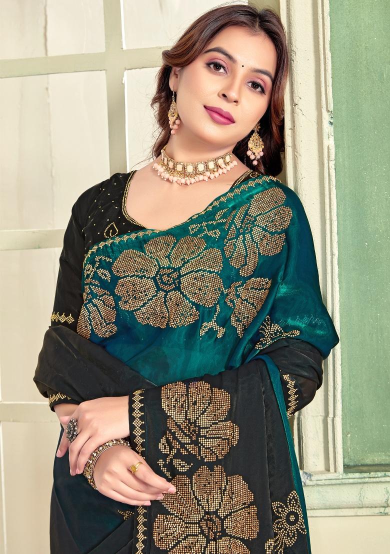 Teal Blue Hand Work Silk Saree Set - Indya