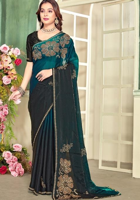 Teal Blue Hand Work Silk Saree Set