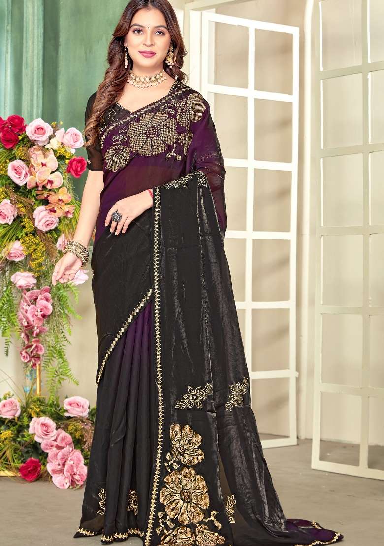Purple Hand Work Silk Blend Saree Set for Diwali and Festive Wear - Indya