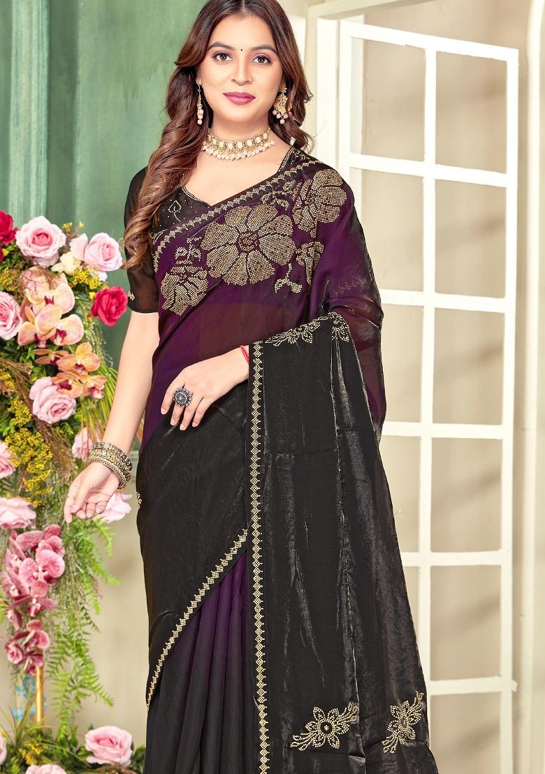 Purple Hand Work Silk Saree Set - Indya