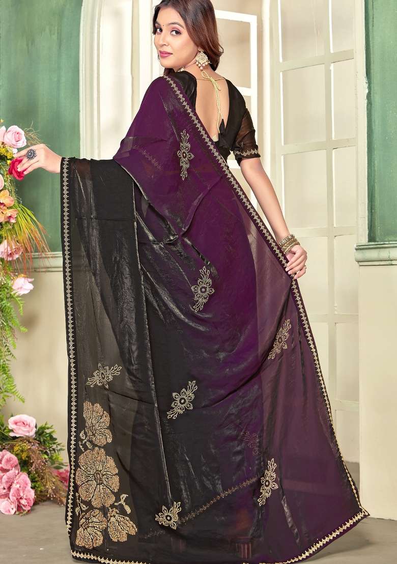 Purple Hand Work Silk Blend Saree Set for Diwali and Festive Wear - Indya