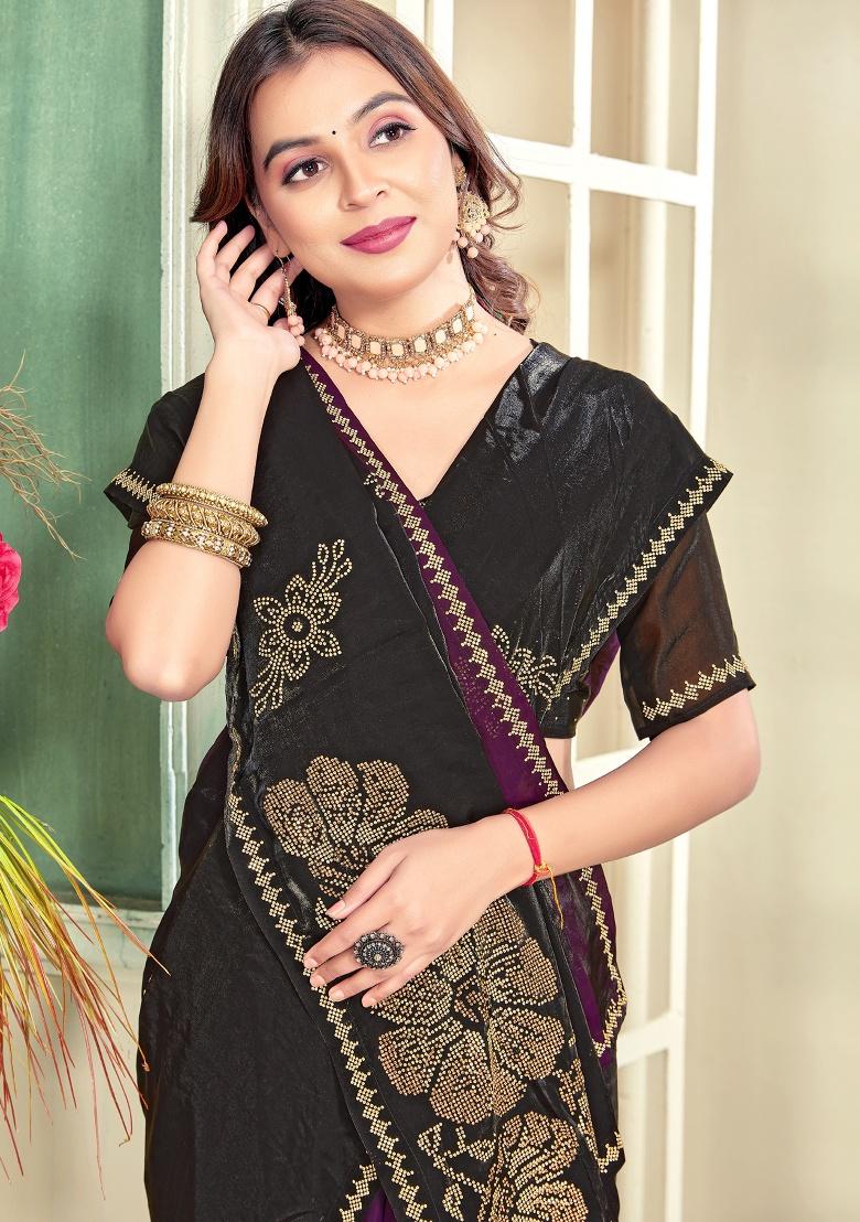 Purple Hand Work Silk Saree Set - Indya