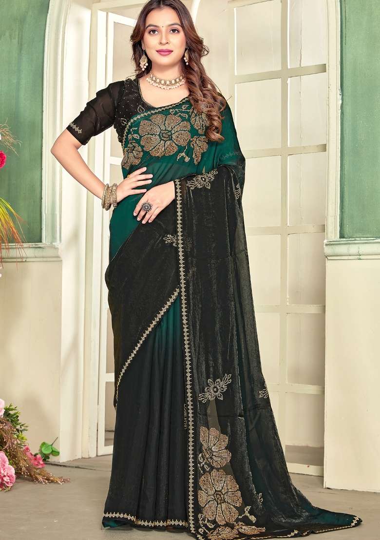 Green Silk Blend Saree Set with Hand Work for Diwali | Wedding & Festive Wear - Indya