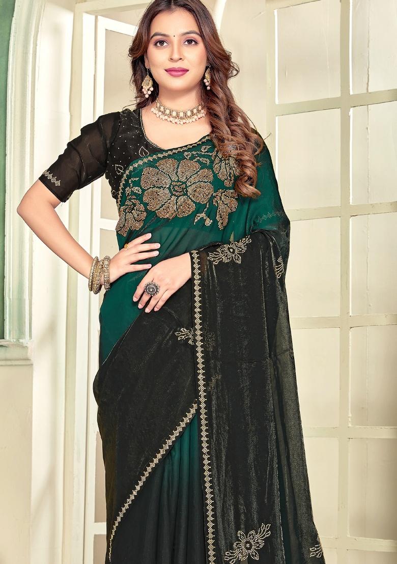 Green Hand Work Silk Saree Set - Indya