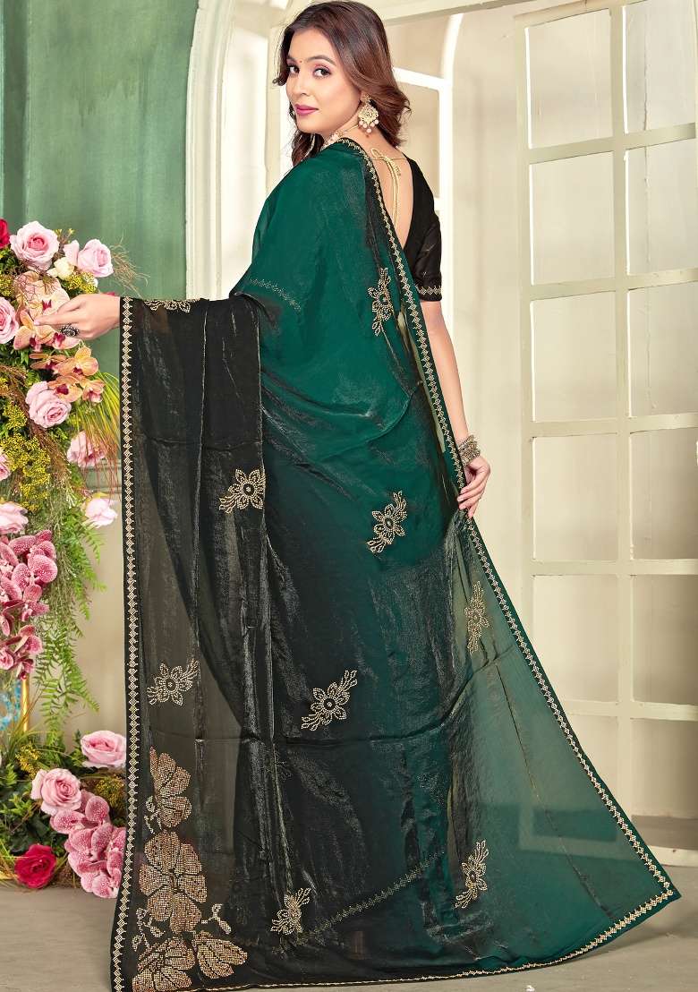 Green Silk Blend Saree Set with Hand Work for Diwali | Wedding & Festive Wear - Indya