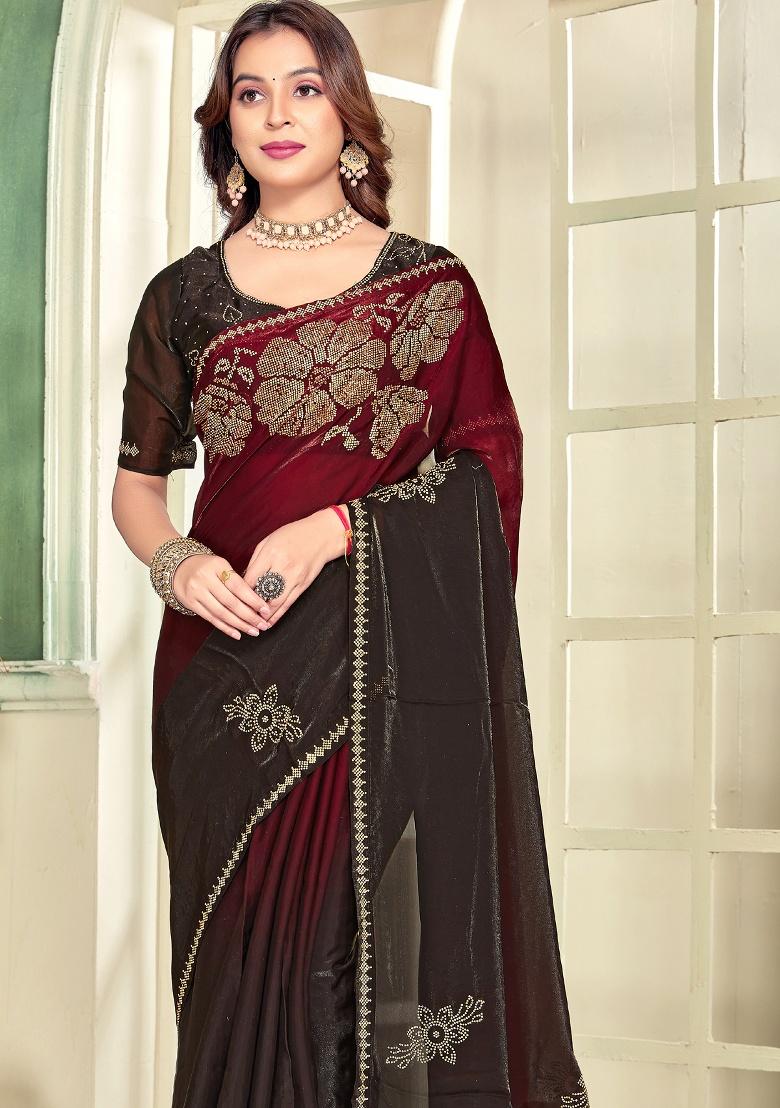 Maroon Hand Work Silk Saree Set - Indya