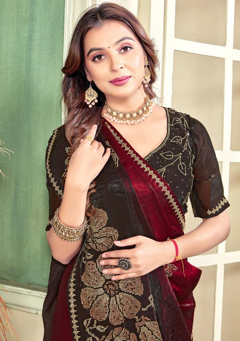 Maroon Hand Work Silk Saree Set - Indya