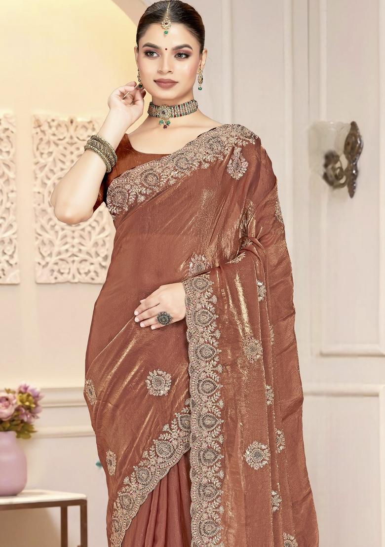 Brown Embroidery Silk Saree Set - Indya