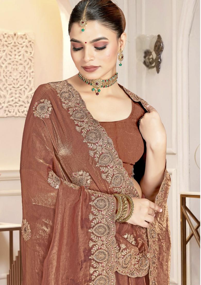 Brown Embroidery Silk Saree Set - Indya