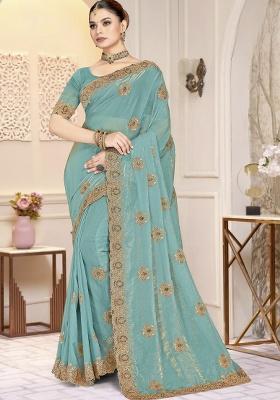 Sky Blue Embroidery Silk Saree Set