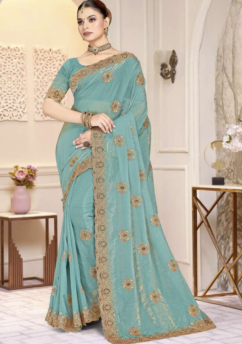 Sky Blue Embroidery Silk Blend Saree Set for Diwali and Festive Wear - Indya